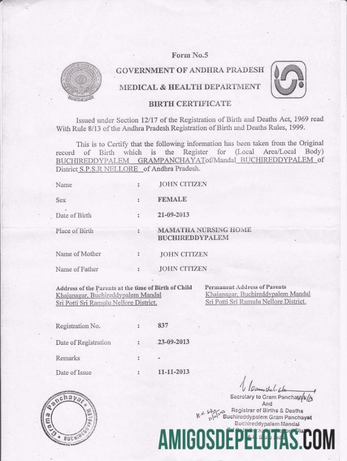 Certidão de nascimento do Departamento Médico e de Saúde da Índia do governo de Andhra Pradesh baixar para verificação